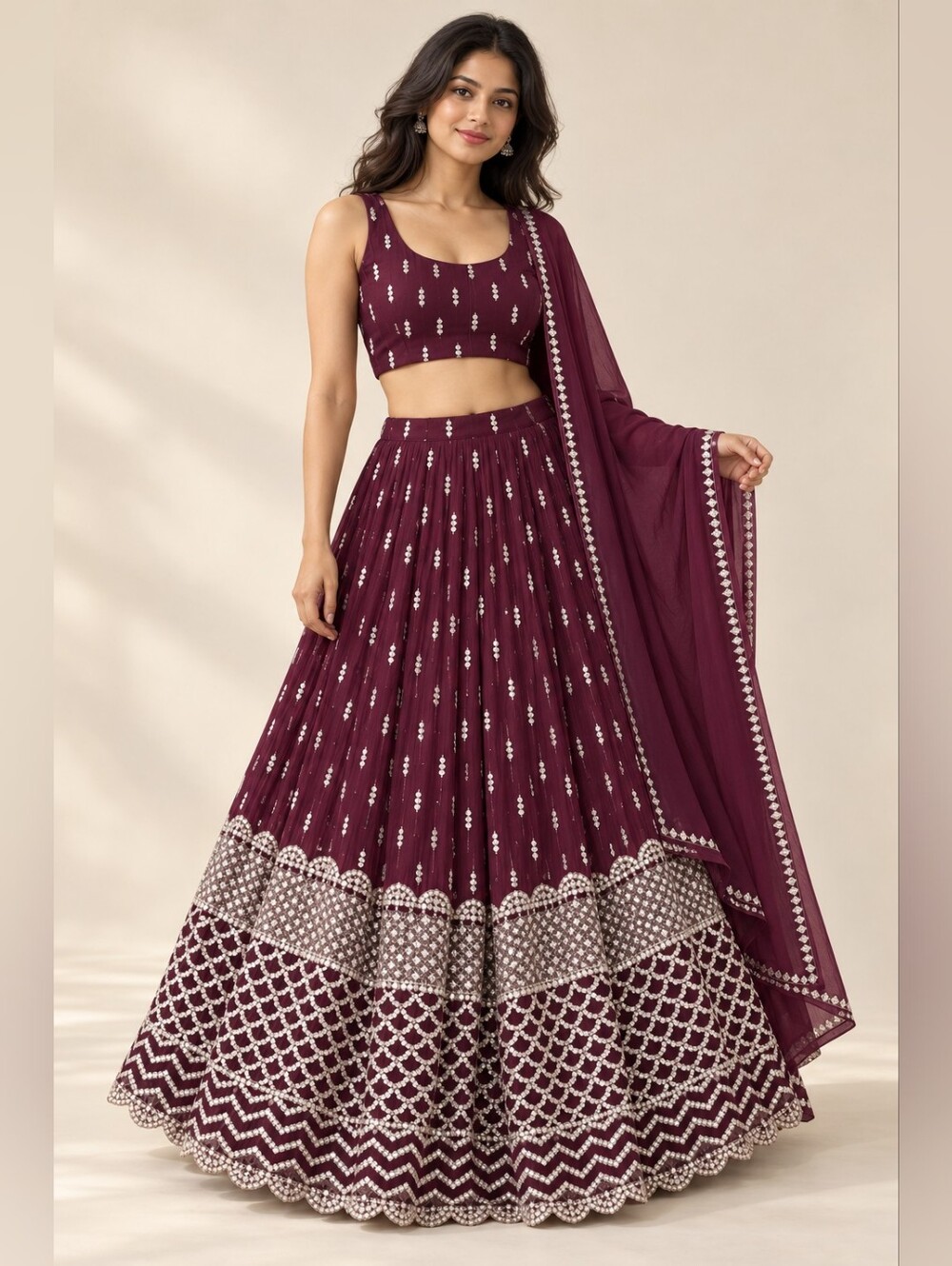 Maroon Sequin Zari Embroidery Work Lehenga Choli - US 6